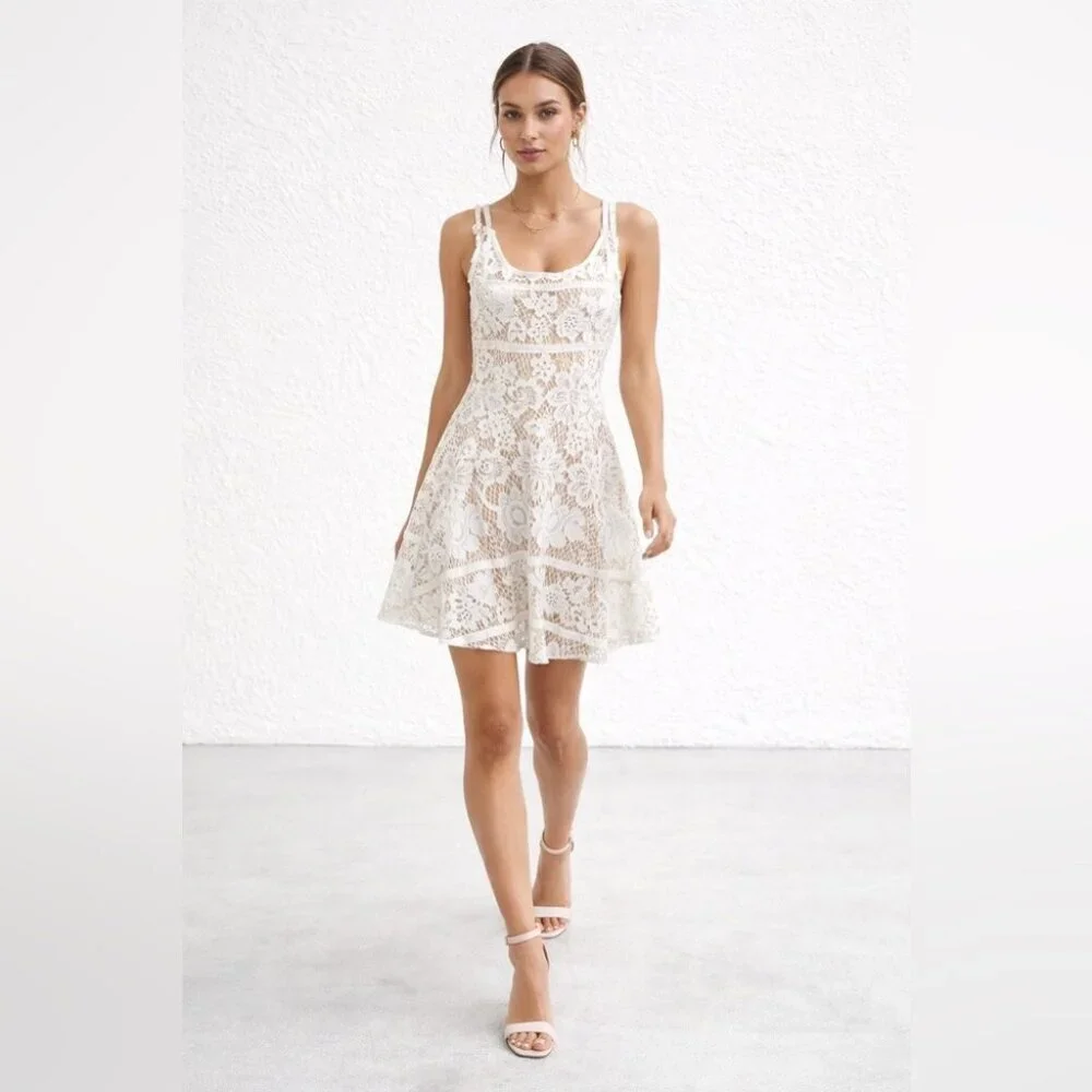 For Love & Lemons White Lace Fit Flare Sleeveless Dress Lined Boho Festival XS - Picture 1 of 15